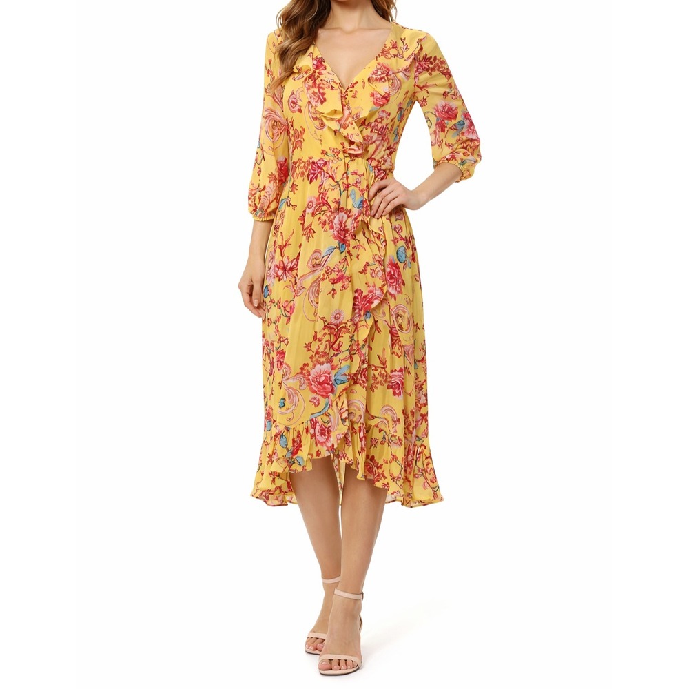 Gabby Skye Floral Ruffle High-Neck Dress – Size 4